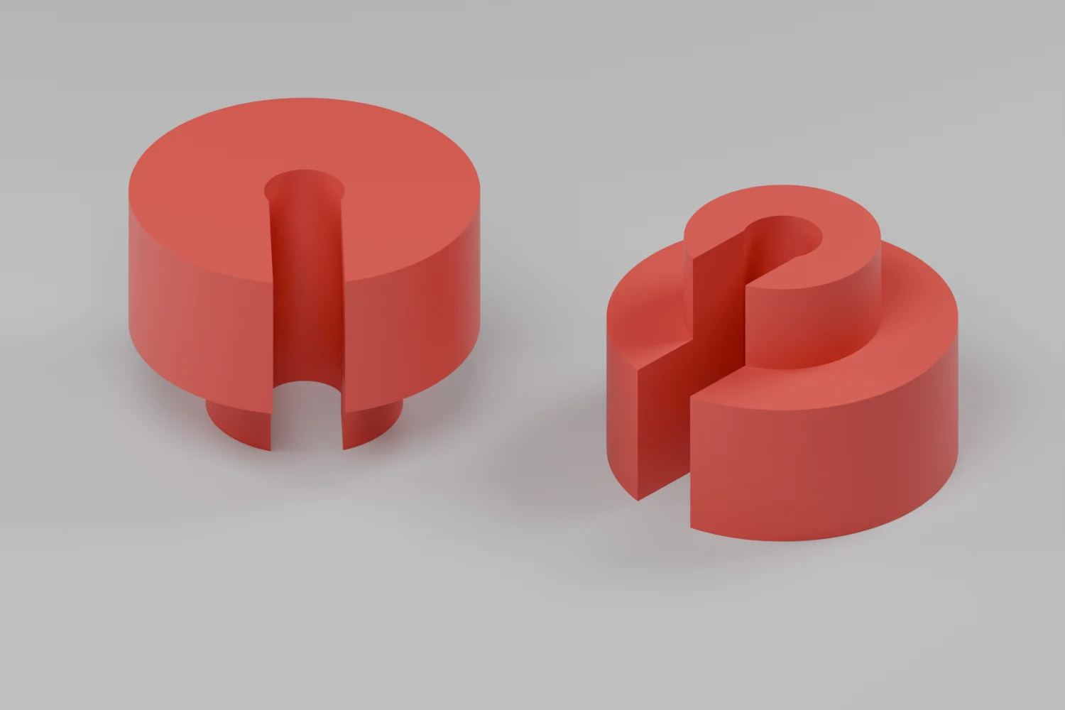 Design rendering of two red 3D printed choke cable stop clips, one head up and one showing the slotted stem
