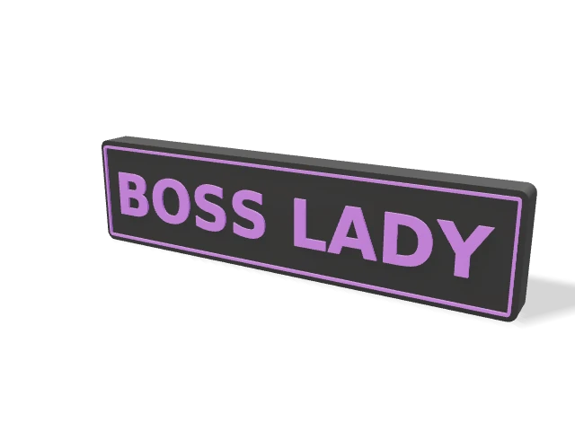 BOSS LADY desk sign, shown with a black back and purple lettering and outline