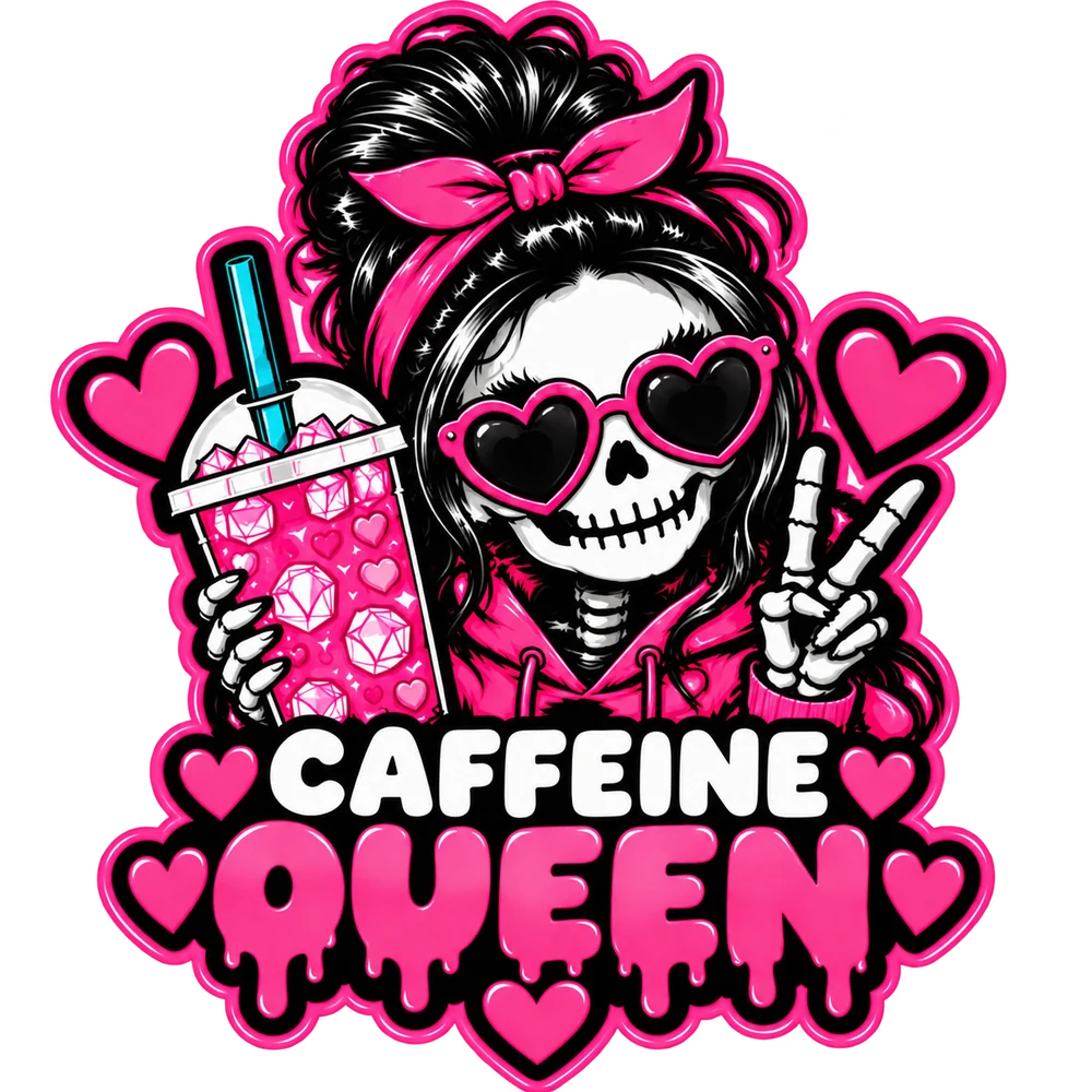 Die-cut sticker: cartoon skeleton girl in a pink bandana and heart sunglasses holding a loaded tea, with the words Caffeine Queen