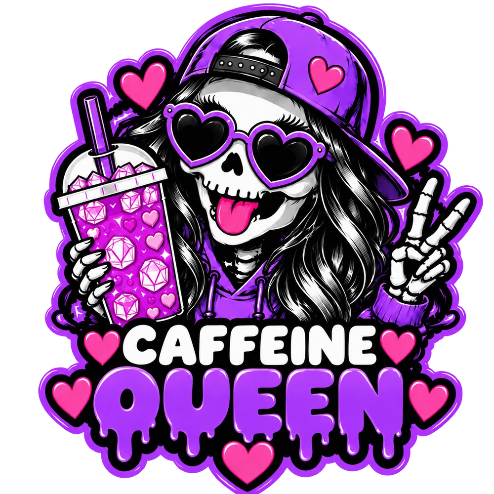 Die-cut sticker: cartoon skeleton girl in a purple backwards cap sticking her tongue out, holding a loaded tea, with the words Caffeine Queen