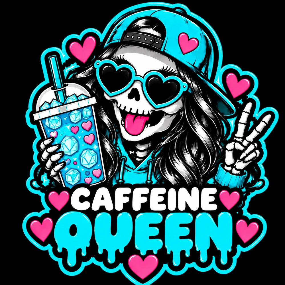 Sticker: cartoon skeleton girl in a teal backwards cap sticking her tongue out, holding a loaded tea, with the words Caffeine Queen