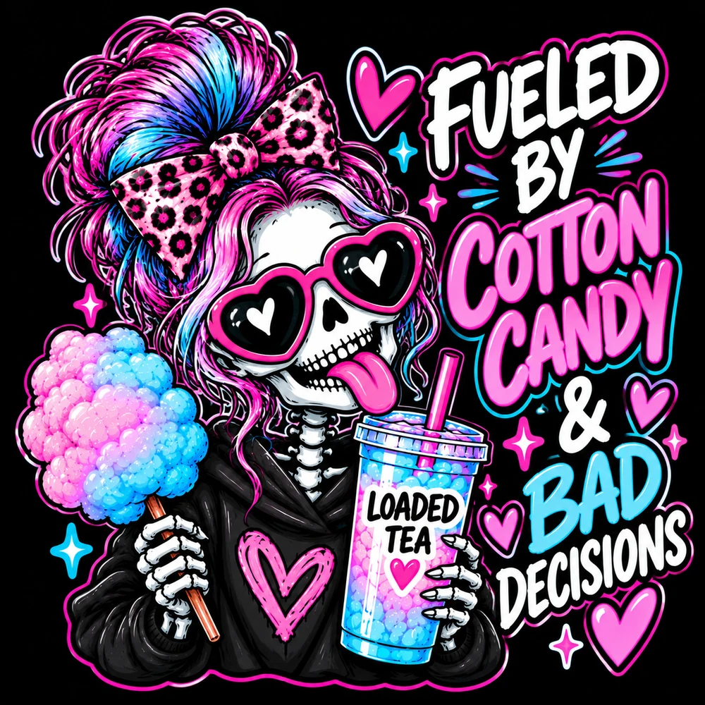 A skeleton with pink and blue hair and a leopard-print bow holding cotton candy and a drink, with Fueled by Cotton Candy and Bad Decisions lettering.