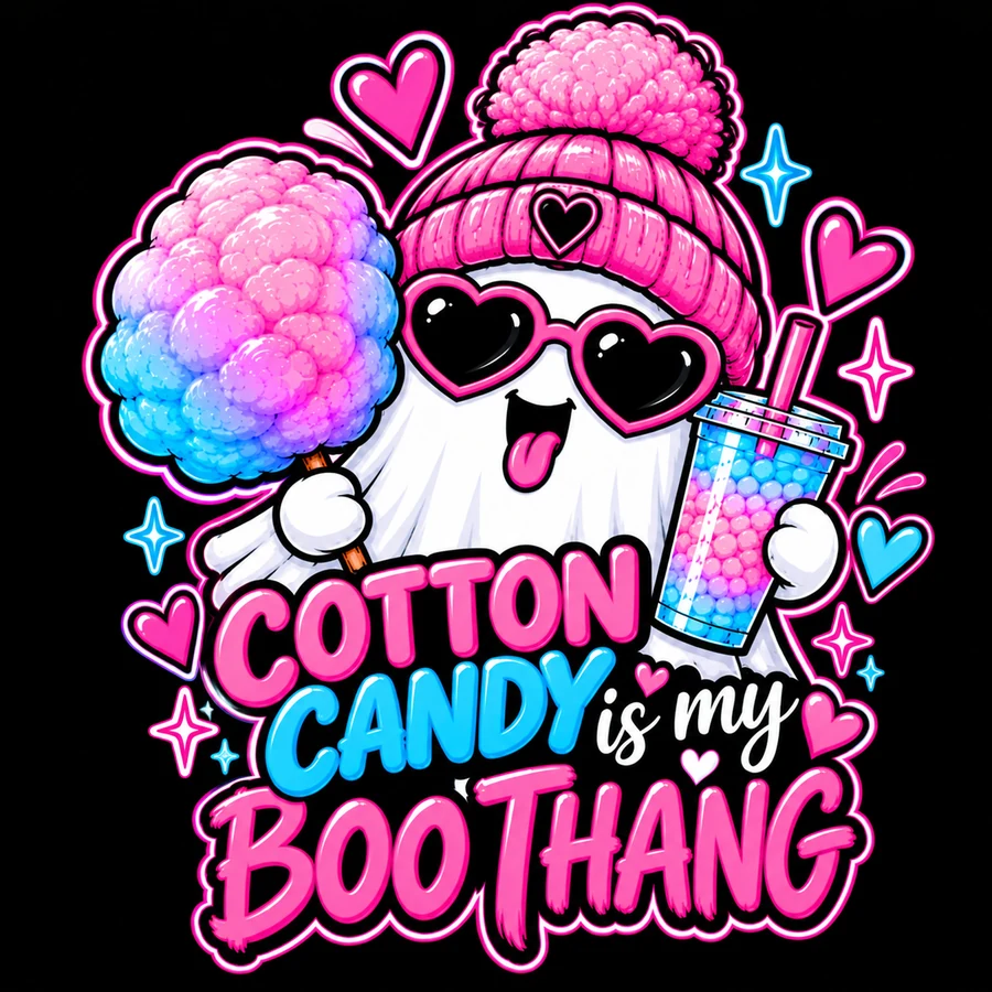 A ghost in a pink pom-pom hat holding cotton candy and a drink, with Cotton Candy Is My Boo Thang lettering.