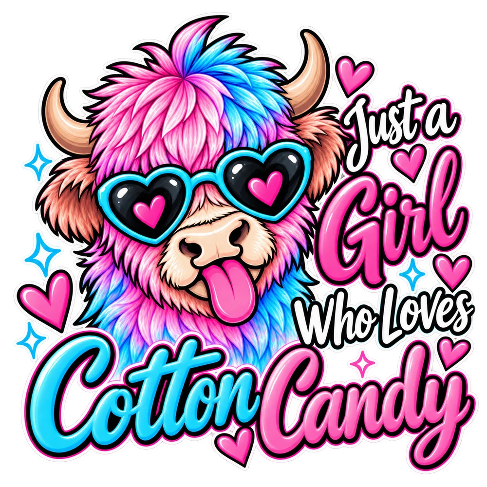 A pink and blue Highland cow wearing heart-shaped sunglasses, with Just a Girl Who Loves Cotton Candy lettering.