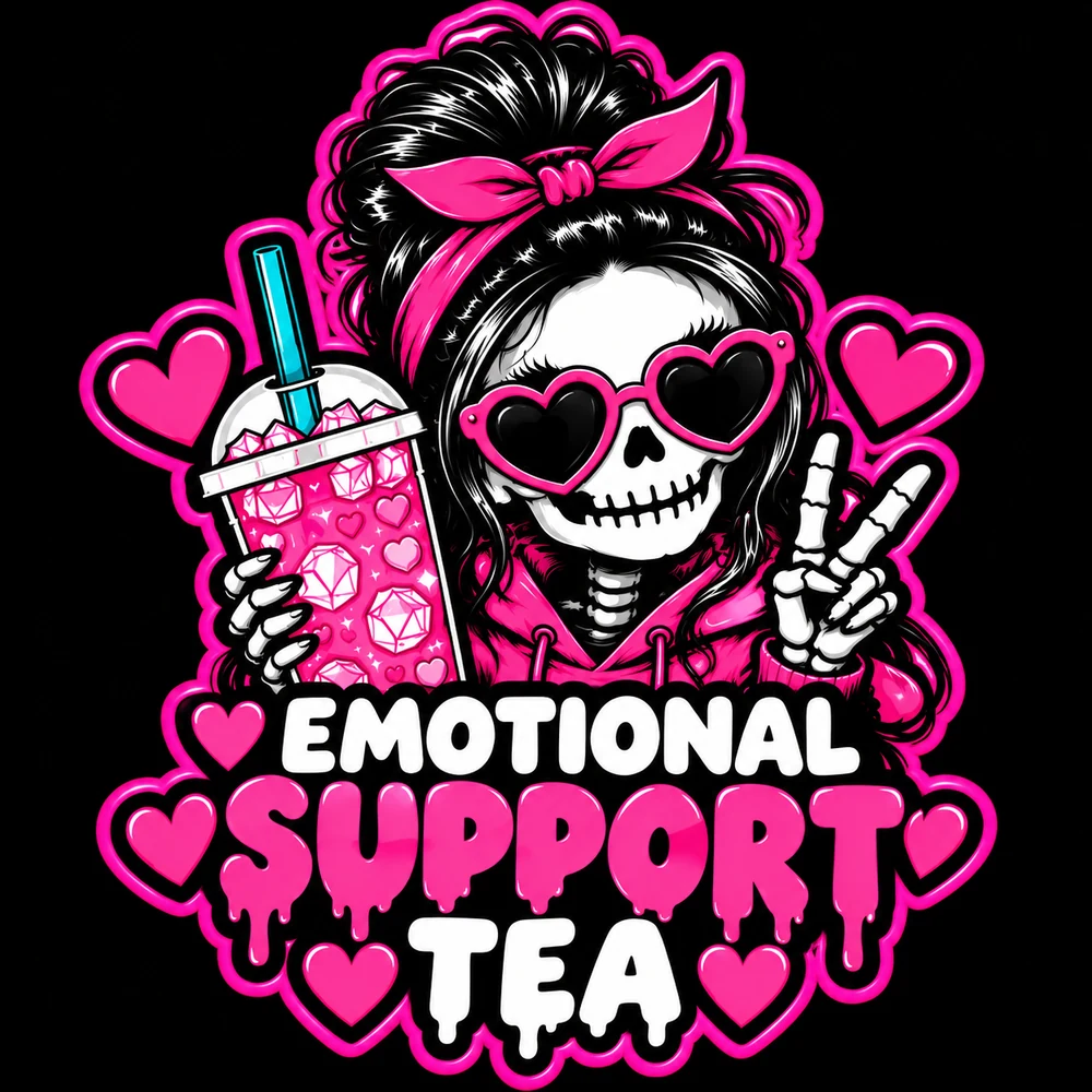 Sticker: cartoon skeleton girl in a pink bandana and heart sunglasses holding a loaded tea, with the words Emotional Support Tea