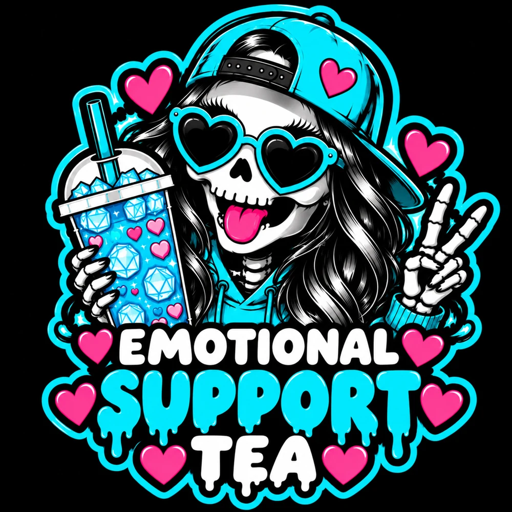 Sticker: cartoon skeleton girl in a teal backwards cap sticking her tongue out, holding a loaded tea, with the words Emotional Support Tea