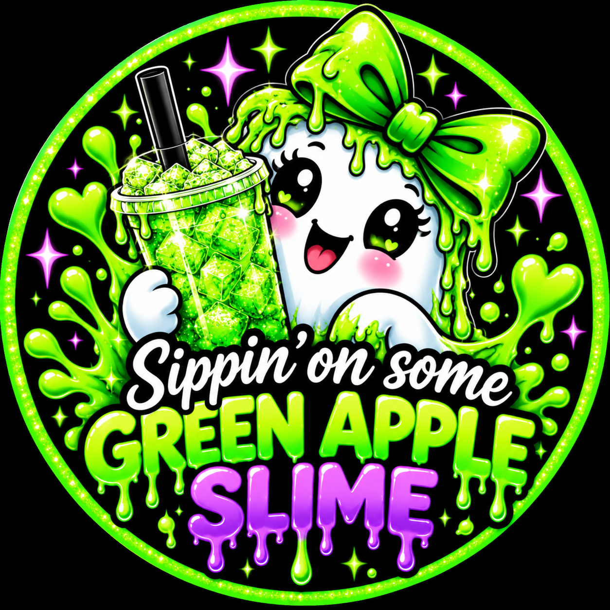 A smiling white ghost with a green bow and dripping slime holds a green iced tumbler above Sippin’ on Some Green Apple Slime lettering.