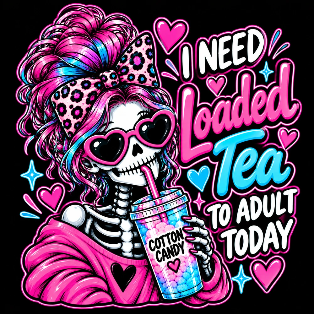 A skeleton in a pink hoodie with a leopard-print bow sipping a drink, with I Need Loaded Tea to Adult Today lettering.