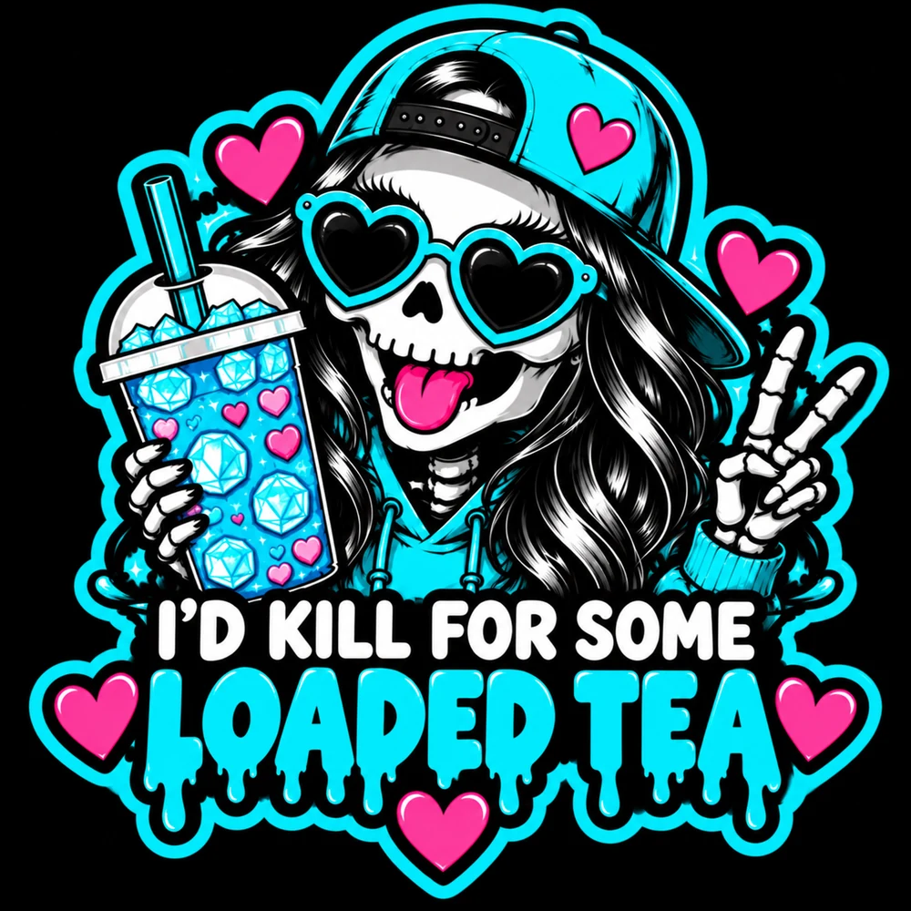 Sticker: cartoon skeleton girl in a teal backwards cap sticking her tongue out, holding a loaded tea, with the words I'd Kill for Some Loaded Tea