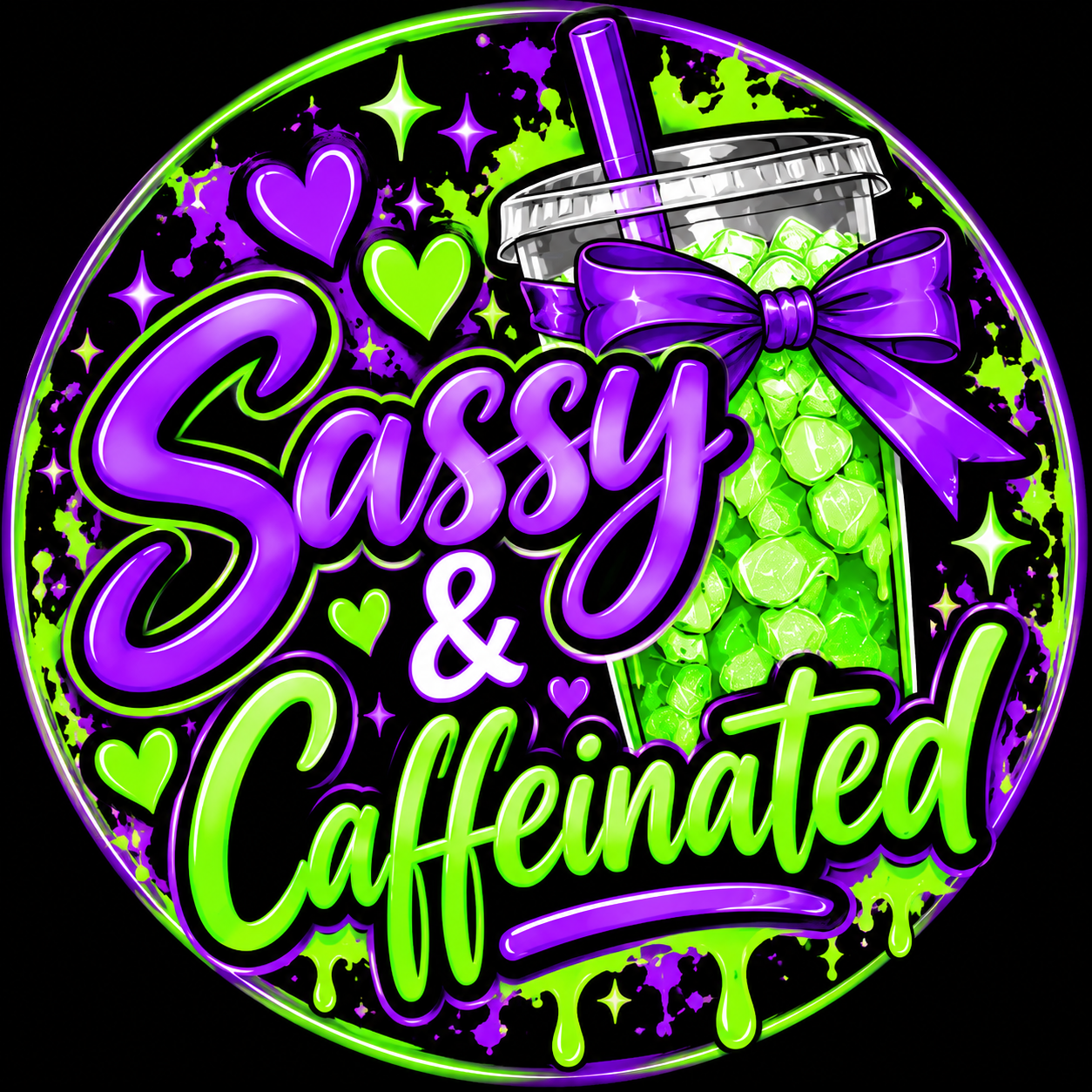 Purple and green Sassy & Caffeinated lettering beside a green iced tumbler with a purple bow, surrounded by hearts, sparkles and paint splashes.
