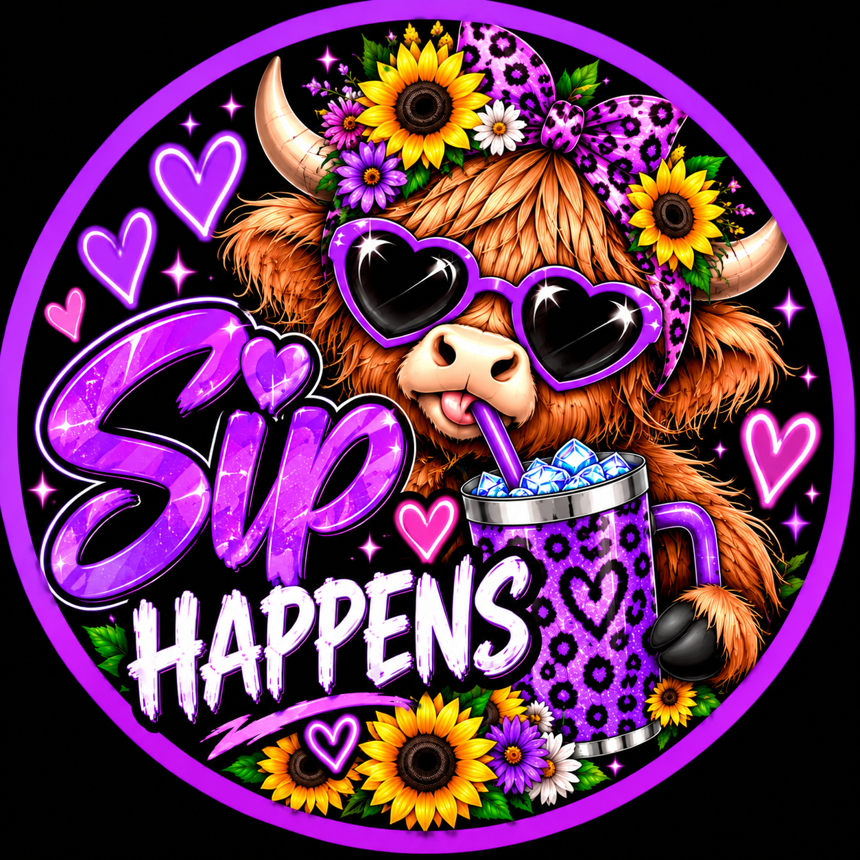 A Highland cow in purple heart sunglasses with a purple leopard-print bow and tumbler, surrounded by sunflowers and Sip Happens lettering.