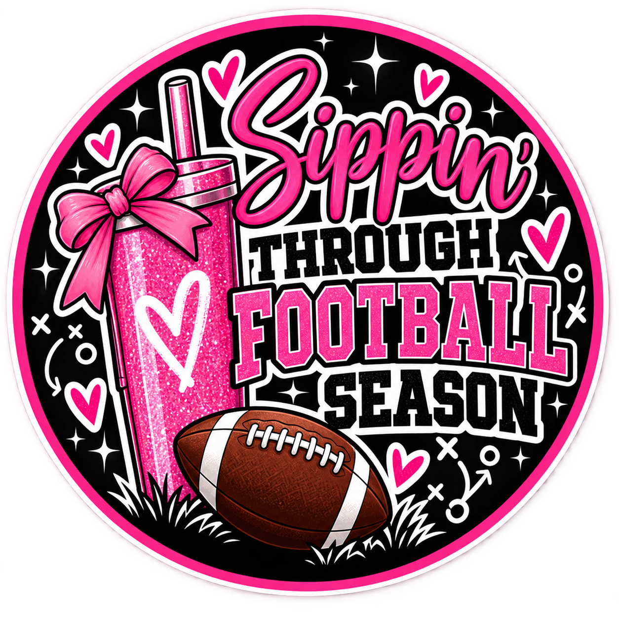 Pink Sippin’ Through Football Season lettering beside a pink tumbler with a bow and a football.