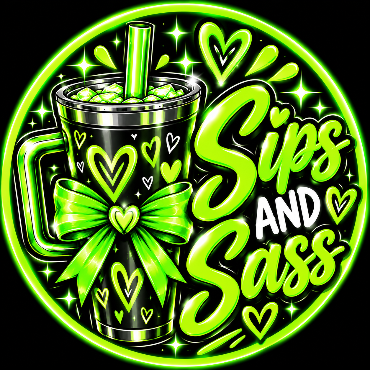 Bright green Sips and Sass lettering beside a black tumbler with green hearts and a large green bow, surrounded by hearts and sparkles.