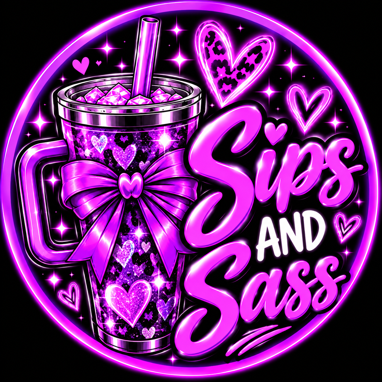 Purple Sips and Sass lettering beside a purple heart-patterned tumbler with a large bow, surrounded by hearts and sparkles.