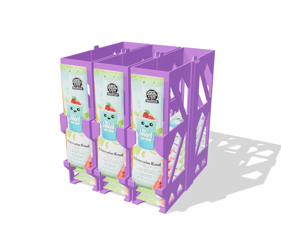 The Loaded Tea Shop Packet Holder 3-Bay Lattice Modular with packets resting in the front supports