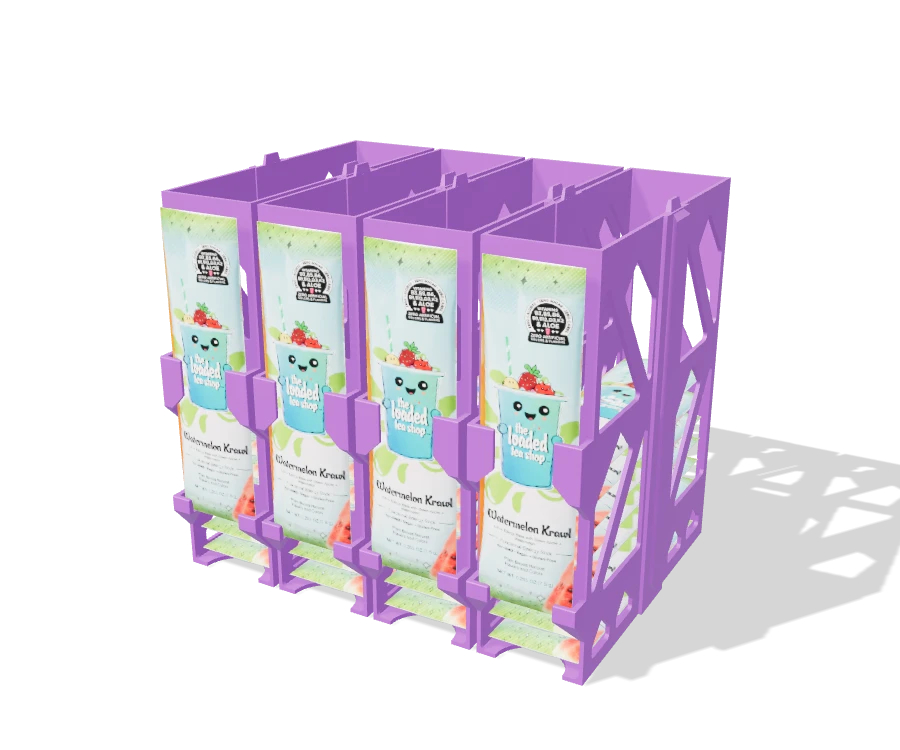 The Loaded Tea Shop Packet Holder 4-Bay Lattice Modular with packets resting in the front supports