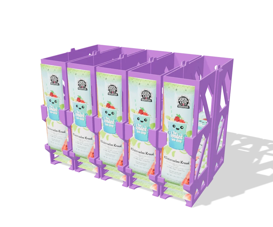The Loaded Tea Shop Packet Holder 5-Bay Lattice Modular with packets resting in the front supports